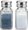 Picture of A Set of 2 Classic Glass Mixers, for Salt and Pepper, with a Glass Base and Stainless Steel Cover. Perfect for Use in the Kitchen, Dining Table, Camper, Camping and Barbecuing. The Design Is Convenient for Filling.