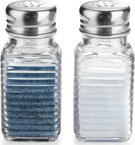 Picture of A Set of 2 Classic Glass Mixers, for Salt and Pepper, with a Glass Base and Stainless Steel Cover. Perfect for Use in the Kitchen, Dining Table, Camper, Camping and Barbecuing. The Design Is Convenient for Filling.