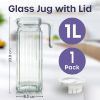 Picture of Fridge Jug Glass Water Jug with Lid - 1L Clear Water Pitcher with Ribbed Glass Design & Handle for Fridge Shelf & Everyday - Juices, Pimms & Picnics