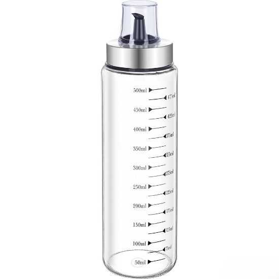 Picture of Clear Glass Oil Pourer Bottle – 17oz Measuring Dispenser for Kitchen – Stainless Steel Lid & Leak-Proof Spout – Heat Resistant Oil Container for Cooking, Salad & BBQ