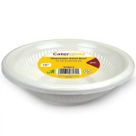 Picture of CaterGold 10 Inch Reusable Plastic Salad Bowls 8 Pack White Large Serving Bowls for Salads Fruits Snacks Desserts Parties Catering and Everyday Use Stackable Durable Design