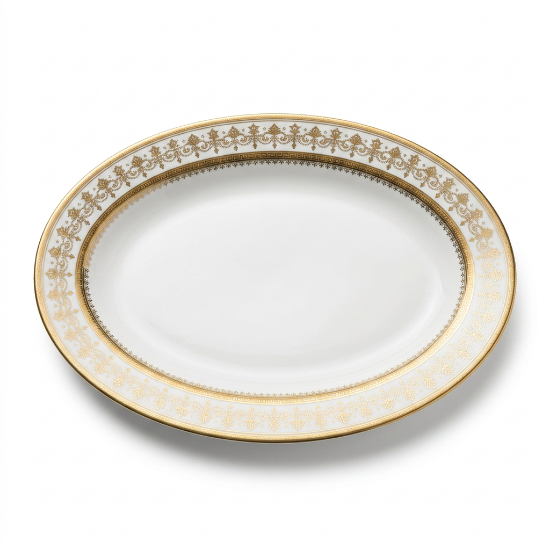 Picture of Oval Ceramic Serving Plate 30cm Length 20cm Width 3cm Height with Gold Decorative Rim Large Platter for Serving Main Dishes Salads Appetizers and Desserts Suitable for Home Dining and Special Occasions