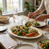 Picture of Oval Ceramic Serving Plate 30cm Length 20cm Width 3cm Height with Gold Decorative Rim Large Platter for Serving Main Dishes Salads Appetizers and Desserts Suitable for Home Dining and Special Occasions