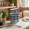 Picture of Elegant Blue and White Ceramic Bowl 14.5cm Diameter 8cm Height Approx 700ml Capacity Decorative Floral Design Serving Bowl for Soup Salad Cereal Rice Noodles and Everyday Dining Use