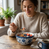 Picture of Elegant Blue and White Ceramic Bowl 14.5cm Diameter 8cm Height Approx 700ml Capacity Decorative Floral Design Serving Bowl for Soup Salad Cereal Rice Noodles and Everyday Dining Use