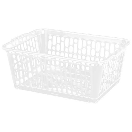 Picture of Large Clear Plastic Handy Storage Basket, Transparent Rectangular Organiser with Handles, 37.5x26x14.5cm, Nestable Household Storage Bin for Home, Office, Kitchen & Shelves