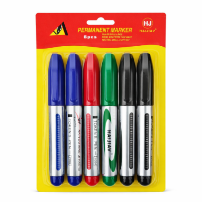 Picture of 6 Piece Set of Permanent Markers with Fine Tip Black Blue Red Green Colors for Marking Labeling Writing and Drawing on Multiple Surfaces Such as Paper Cardboard Plastic Glass and Metal Suitable for Daily Use in Home Office School Classroom Organization Art Creation Outdoor Activities Camping Travel and Education Purposes