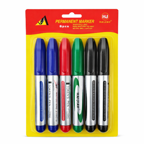 Picture of 6 Piece Set of Permanent Markers with Fine Tip Black Blue Red Green Colors for Marking Labeling Writing and Drawing on Multiple Surfaces Such as Paper Cardboard Plastic Glass and Metal Suitable for Daily Use in Home Office School Classroom Organization Art Creation Outdoor Activities Camping Travel and Education Purposes